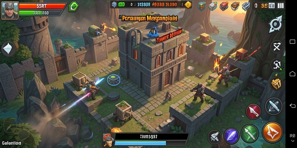 Screenshot gameplay 55RT menampilkan strategi menara yang dinamis.