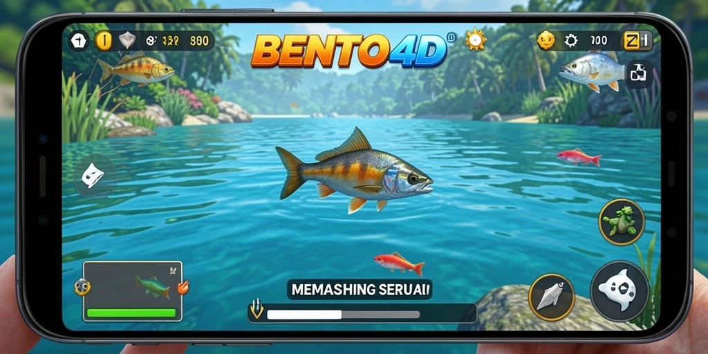 Screenshot BENTO4D menunjukkan aksi memancing yang menarik dan lingkungan sekitarnya yang indah.
