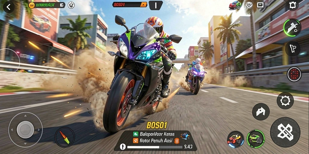 Screenshot utama BOS01 menunjukkan aksi balapan motor yang mendebarkan.