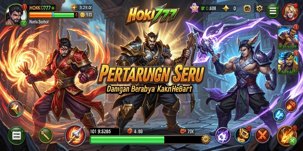 Gameplay intens HOKI777 dengan karakter bertarung di arena.