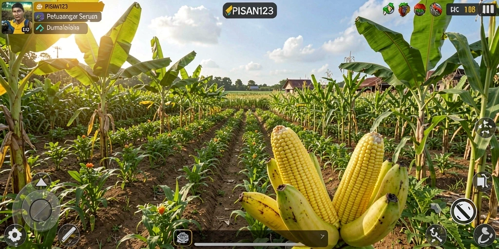 Tangkapan layar gameplay PISANG123 yang menunjukkan aktivitas bertani yang seru.