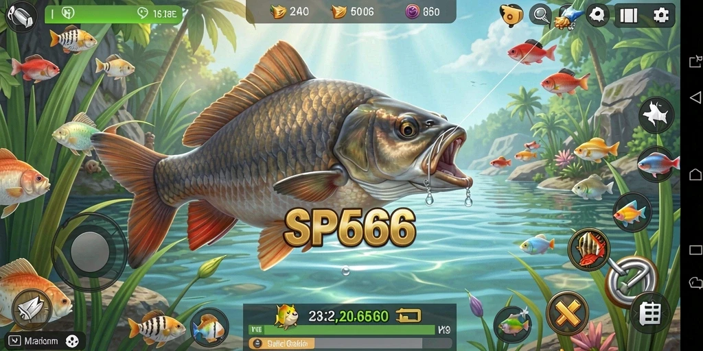 Screenshot dari gameplay SP666 menampilkan momen seru saat memancing ikan.