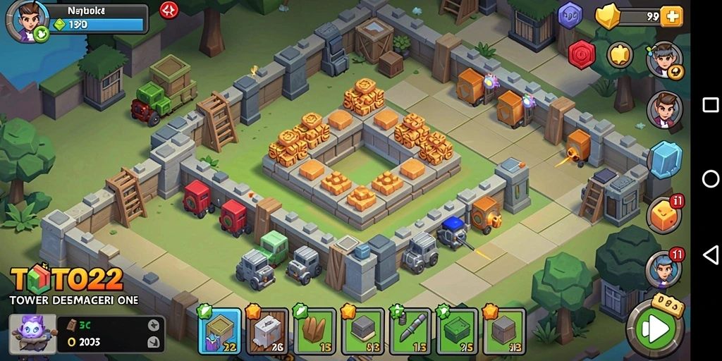 Screenshot gameplay TOTO22 yang menunjukkan pertahanan menara yang strategis.