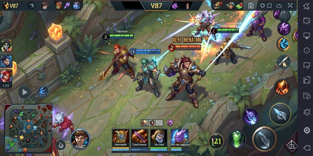 Screenshot V87 menampilkan aksi seru dalam permainan MOBA.